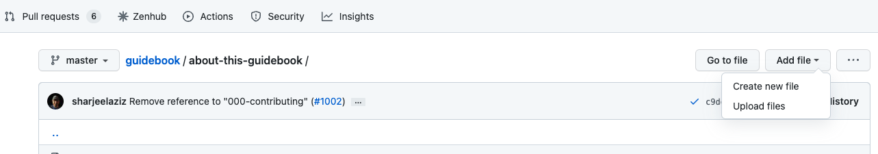 Screenshot of GitHub directory with dropdown menu with two items: Create new file and Upload file.